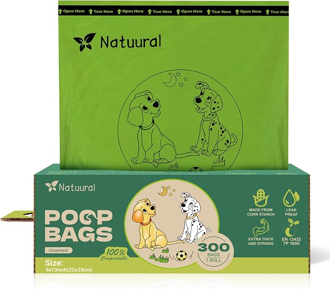Compostable Dog Poop Bags-300 Bags 1Rolls, Poop Bags for Dogs Made of Cornstarch, Unscented, Ideal for Backyard or Home and Cat Litter Disposal