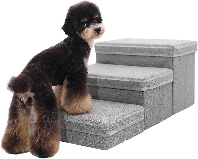 Foldable Dog Stairs/Steps 2-Tier Pet Steps Storage and Adjustable Steps for Small Medium Dogs Pet Steps Storage Stepper for High Beds Sofa Pet Dog Cat (3 Step-Light Grey)