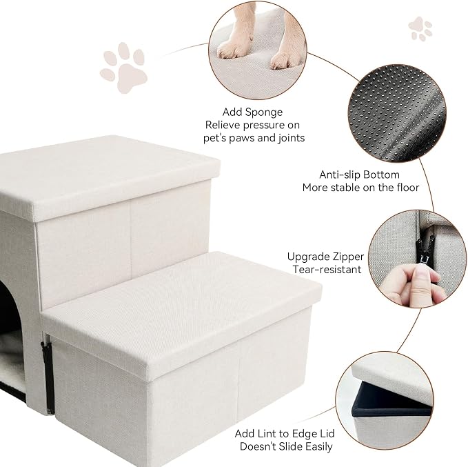 Zerbuger Dog Stairs with Condo 15" H, 2-Step Wider Dog Steps for Small/Medium/Large Old Dogs Cats, Folding Sturdy Storage Pet Stairs Climbing Bed Couch, Ramp for Car Hold Up to 150 lbs, Beige