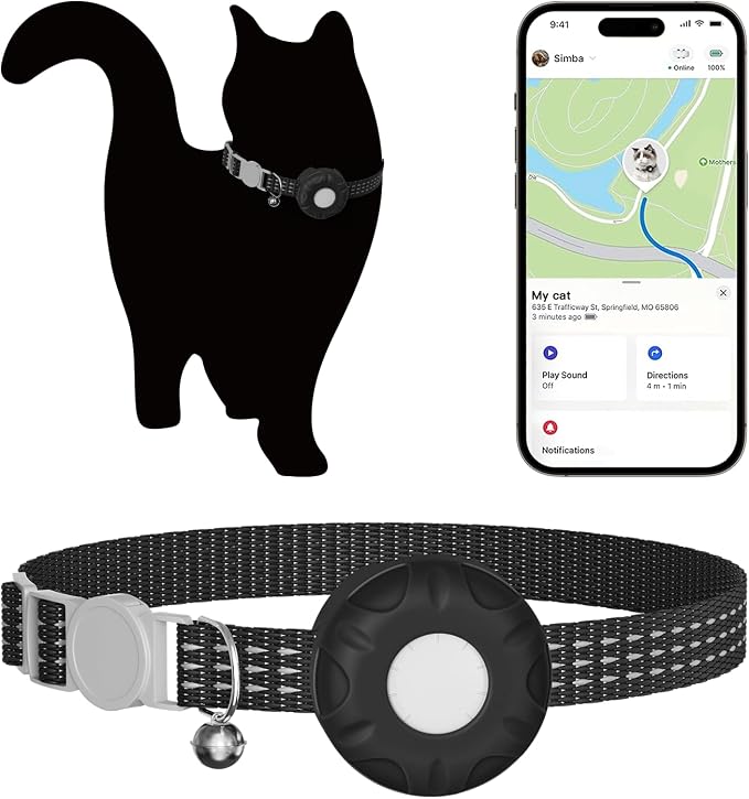 Cat Tracker, Real Time GPS Tracker Compatible with Apple Find My App(Only iOS), Waterproof Cat Tracker Collar with Bell and Safety Elastic Buckle, No Monthly Fee Pet Trackers for Pets, Kids (Black)