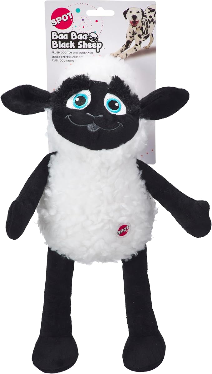 SPOT Baa Baa Black Sheep Plush Dog Toy - Cute and Cuddly Fleece Toy with Squeaker for Medium to Large Dogs and Puppies, 13in Black and White Lamb