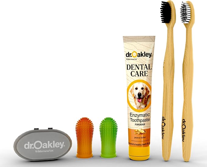 Dr. Oakley Dental Toothbrush Kit for Dogs & Cats -Finger Brush for Small Pets and Soft brushes for Large or Older Natural and Safe Peanut Butter Flavor -
