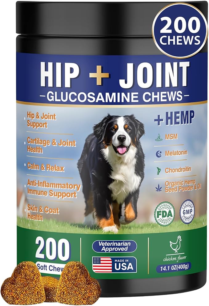 Hip and Joint Supplement for Dogs, 200ct Dog Hemp Calming Chews with Glucosamine, Msm, Chondroitin, Omega 3, Melatonin for Senior Dogs Anxiety, Pain Relief Anti Inflammatory Small/Medium/Large Breed