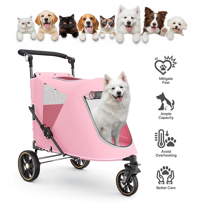 MoNiBloom 3-Wheel Pet Stroller for Large Dogs - Pink, up to 55lbs, Dual Entry