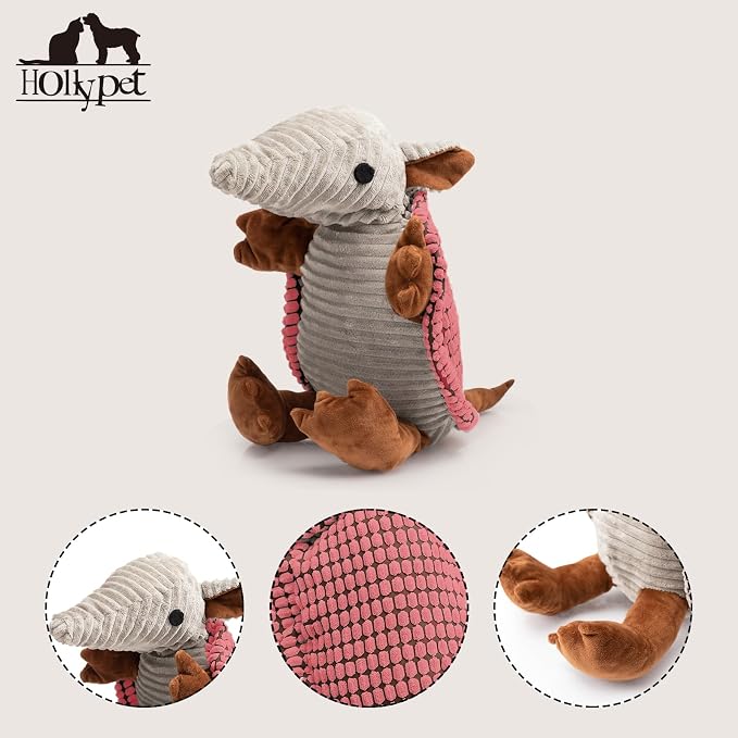 Hollypet Armadillo Squeaky Dog Toys for Medium Large Dogs, 14" | plush stuffed large dog squeak animal toy with unique grunt squeaker textured fabric for teeth cleaning toys