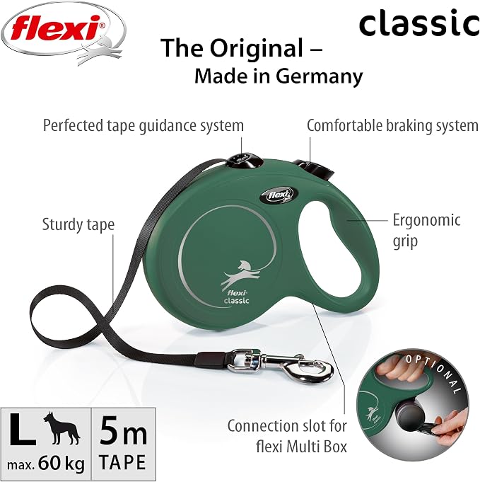 FLEXI - New Classic L Strap - Comfortable Brake System - Reflective Components - Adaptable to LED - Extendable Multi Box - 5 m - for Dogs up to 25 kg