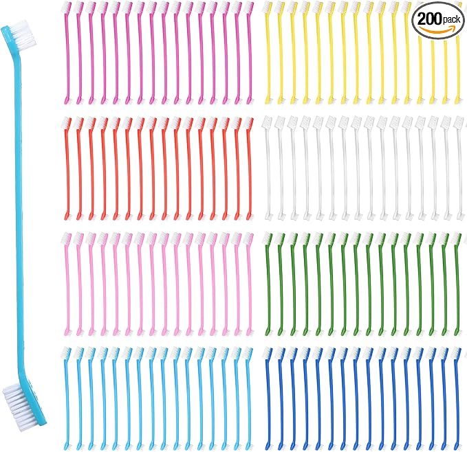 200Pcs Dog Toothbrushes, Dual Headed Dog Tooth Brush Bulk, Long Handle Plastic Pet Toothbrush for Large Small Dogs Cats Puppy Teeth Cleaning Dental Care Supplies 8 Colors