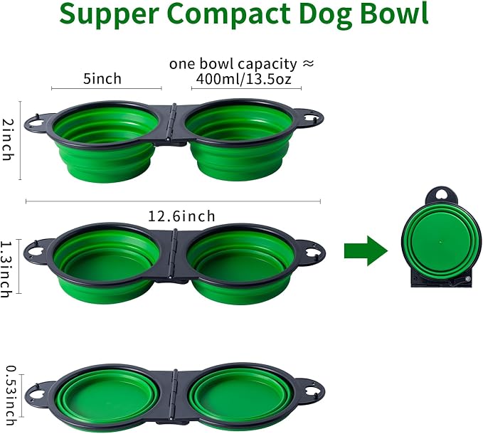 SLSON Collapsible Dog Dual Bowls with Lock Clips, Green