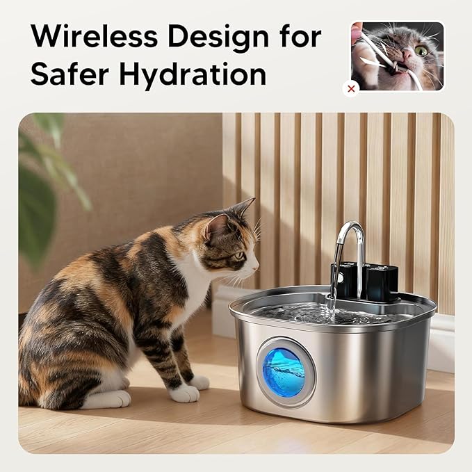 Voluas Stainless Steel Cat Water Fountain: 108oz/3.2L Wireless Cat Fountain Battery Operated for Drinking Indoor, Automatic Pet Water Dispenser Bowl with Ultra Quiet Pump, Easy Clean BPA-Free, 4Filter