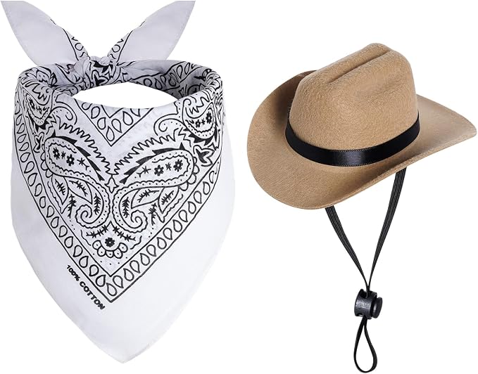 choyaxo Dog Halloween Costumes Pet Cowboy Costume for Dogs Cat Cowboy Hat with Bandana, Cowboy hat:5*6*2inch/ 13*15*5cm, it has a chin strap that make it suitable for most pet. Bandana is 21.5*21.5inch/45*45cm, can be folded for your dog or cat., Khaki