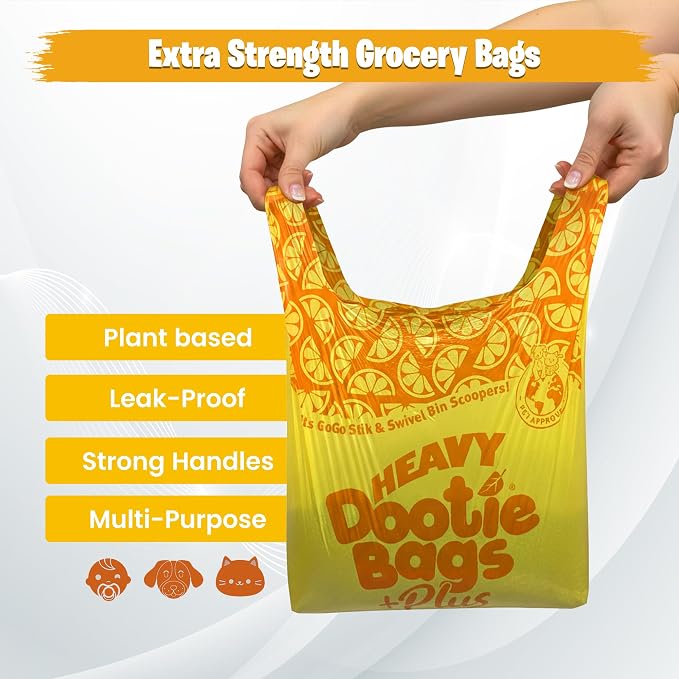 HEAVY Dootie Bags +Plus a Hint of Citrus Scent with EZ Tie Handles. For Pet Dog Poop, Cat Litter. Multi-Use. Fits Swivel Bin and Gogo Stik Scoopers. Made with Cornstarch. Strong, Leakproof, Very Large