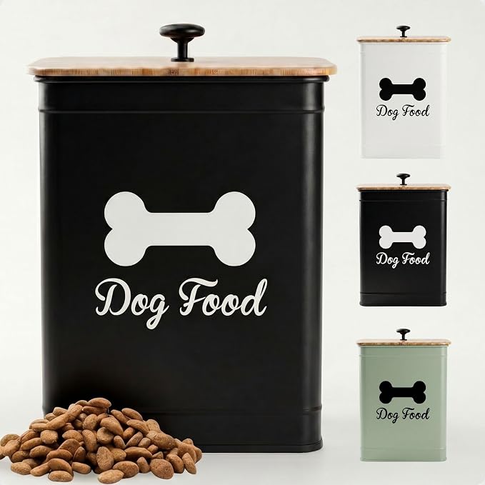 Metal Dog Food Container 5-7lb, 7lb, Iron + Bamboo Lid, Black: Bone