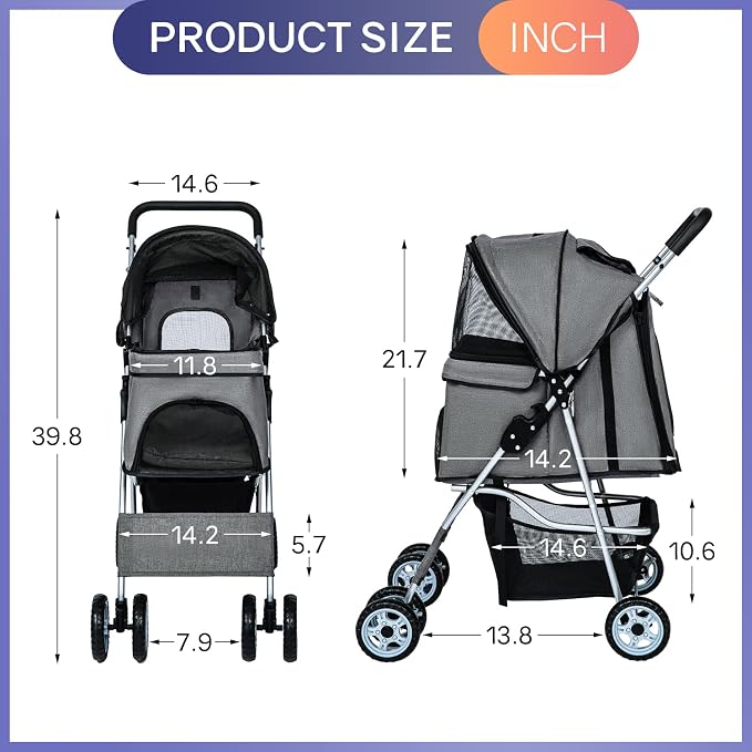 BestPet 4-Wheel Pet Stroller - Grey, Cup Holder