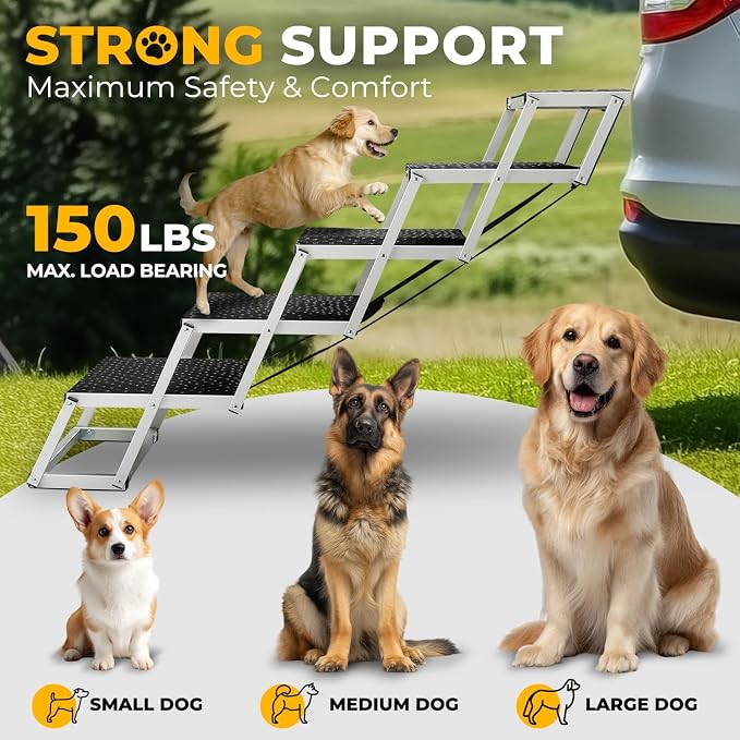Auto Dynasty Dog Stairs for Large Dogs, 5 Step Foldable Dog Ramp for Car, Truck and SUV with Non-Slip Surface, Lightweight Pet Stairs Suitable for Sofas and Bed, Supports Up to 150 lbs