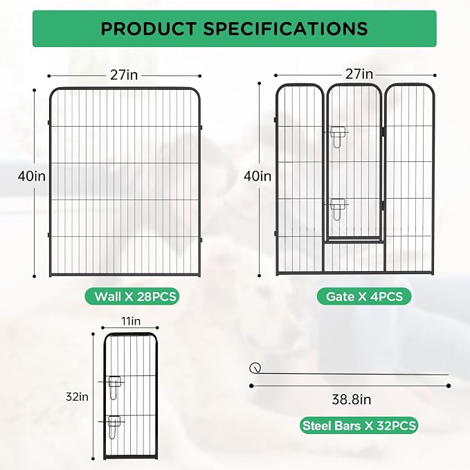 BestPet | Dog Playpen | 40 Inch, 32 Panels | Heavy Duty Metal Pet Exercise Pen | Indoor Outdoor Fence Panels | Rust-Resistant, Removable, Tool-Free Setup | Anti-Skid, Expandable Design