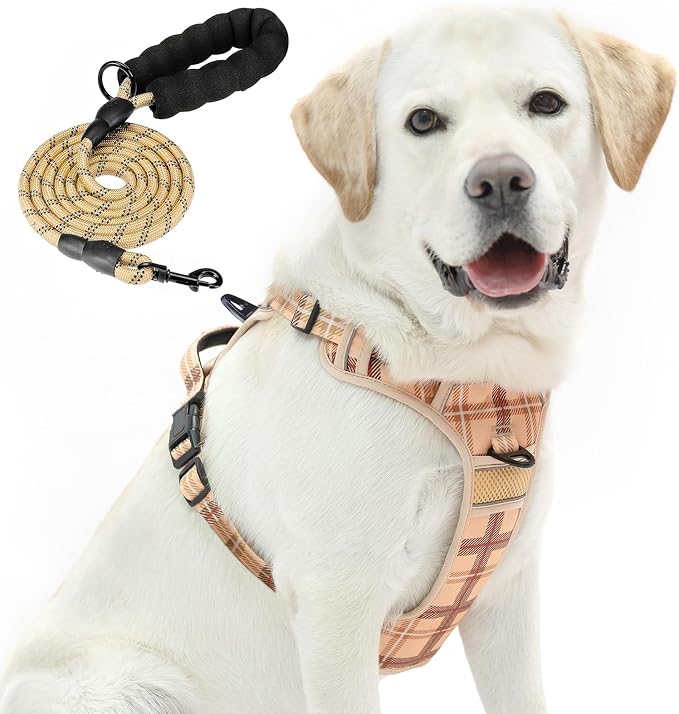 PUPTECK No Pull Dog Harness for Large, Adjustable Reflective Dog Harness with Handle Easy Control, Comfortable Soft Padded Pet Vest Harness for Large Dogs, Plaid Beige L