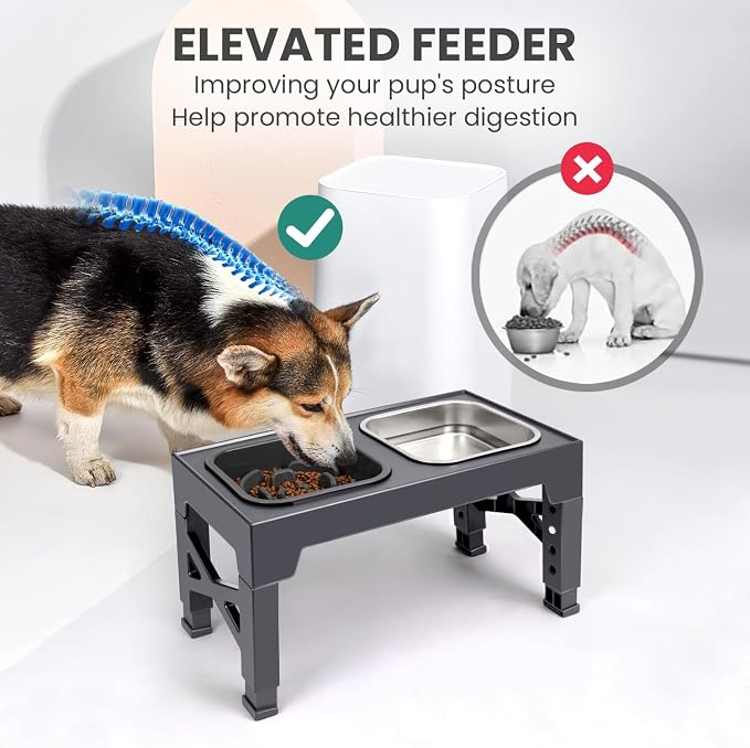 Niubya Elevated Dog Bowls, with Slow Feeder Bowl and Stainless Steel Dog Food Bowl, Raised Dog Bowls Adjusts to 5 Heights (3.15", 8.66", 9.84",11.02", 12.2") for Small Medium and Large Dogs
