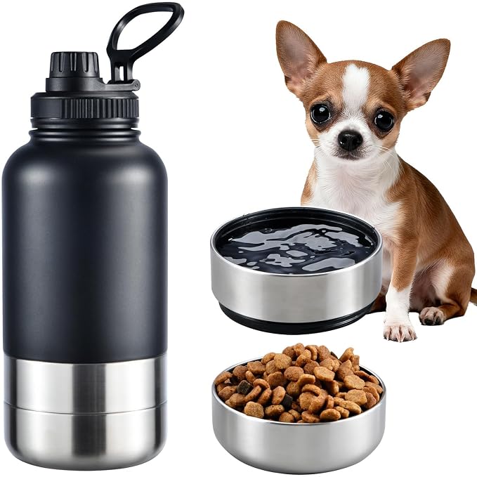 Cibaabo Insulated Dog Water Bottle with 2 Bowls, 32oz Travel Stainless Steel Double Wall Thermos, Portable Pet Dispenser, Gifts for Puppy Small Medium Dogs Walking Hiking and Camping
