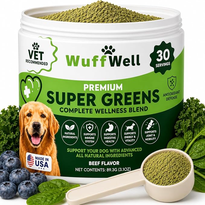 WuffWell Super Greens Food Topper Powder for Dogs - Joint & Skin Support