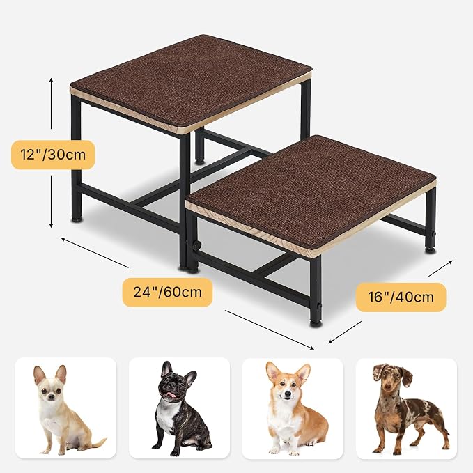 Veehoo Dog Steps for Couch Bed with Metal Frame, 2 Step 12" H Small Stairs for Dogs to Get on Bed with Non Slip Rug Surface, Wooden Portable Doggie Stairs Puppy Steps Doggy Ramp Pet Ladder 16" W