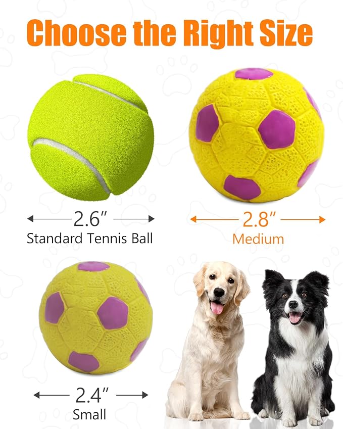Squeaky Dog Balls, Interactive Funny Puppy Chew Toys for Fetch Play to Keep Them Busy, Latex Rubber Pet Tennis Soccer Ball Toy Bundle (4 Pack) for Medium Breed Dogs