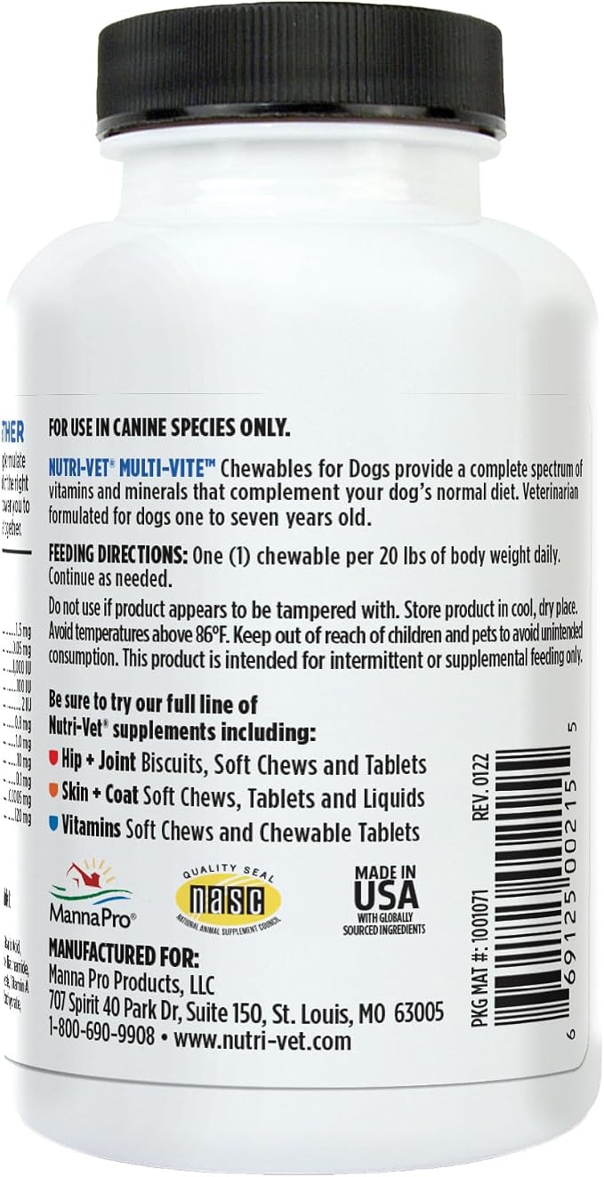 Nutri-Vet Dog Multivitamin, Multivitamin for Dogs, Dog Health, 60 Count | Daily Multivitamin, Dog Vitamins, Dog Vitamins & Supplements, Immune Support, Balanced Nutrition, Overall Pet Health