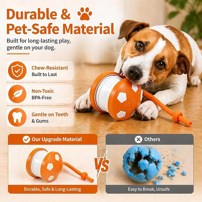 Smart Self Play Soccer Interactive Electric Automatic Moving Rolling Dog Chase Teaser Ball Toys with Rope Rechargeable Tough Durable Stimulation for Small Medium Large Dogs to Keep Busy