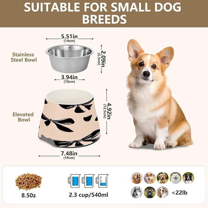 Blueangle Elevated Dog Bowls with Stainless Steel - Non-Slip 2.3 Cup High Capacity Pet Dish for Spinal Health & Black Bow Design（382）