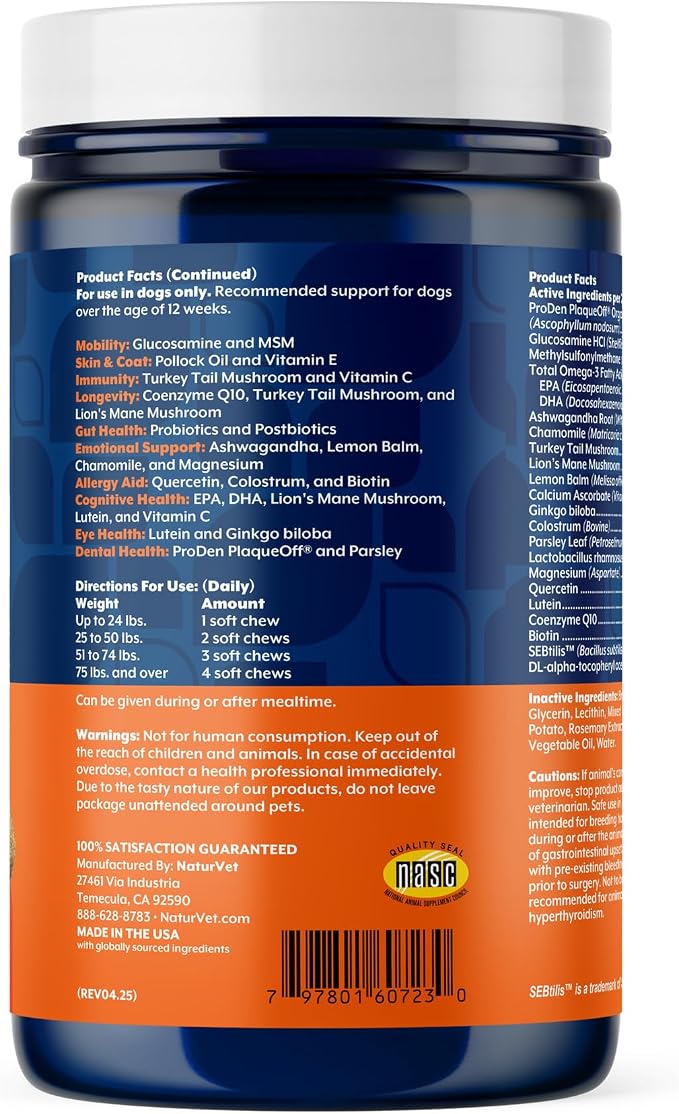 NaturVet All-in-One Adult Dog Daily Care, 10-in-1 Dog Supplement - 60 Count