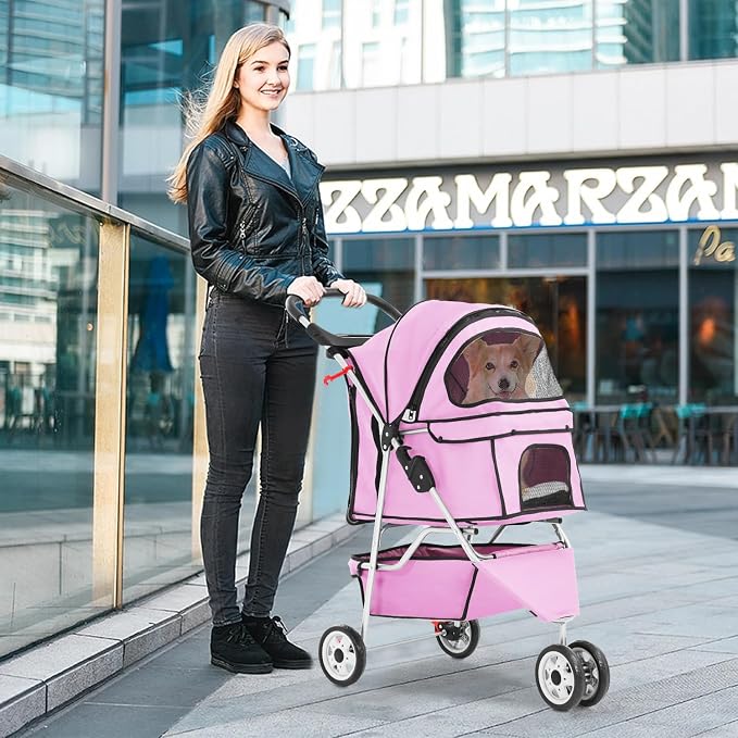 BestPet 3-Wheel Jogger Pet Stroller - Pink, Cup Holder & Removable Liner