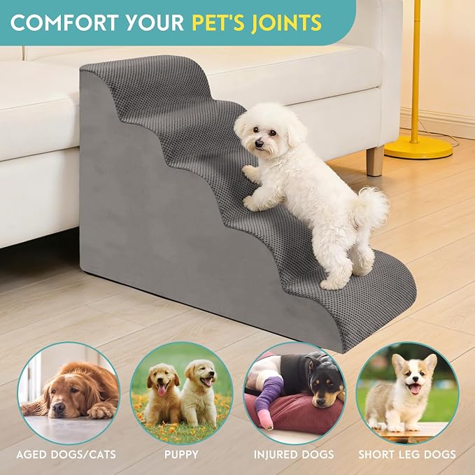 Dog Stairs for Small Dogs, 22.8" H Pet Stairs 5-Steps Ramp for Puppy, Older Cat, Stairs with Whole 30D High Density Foam, Corduroy Fabric, Non-Slip Bottom Dog Steps for Bed and Couch (Grey, 5-Step)