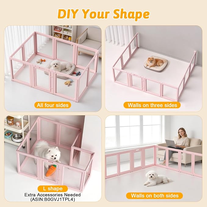 DIY Clear Acrylic Dog Playpen House,Quick Easy Assembly and Disassembly,Strong Floor Suction,Indoor and Outdoor Use,Easy Cleansing Puppy Fence (Skin Pink, 23.6" H, 10PCS)