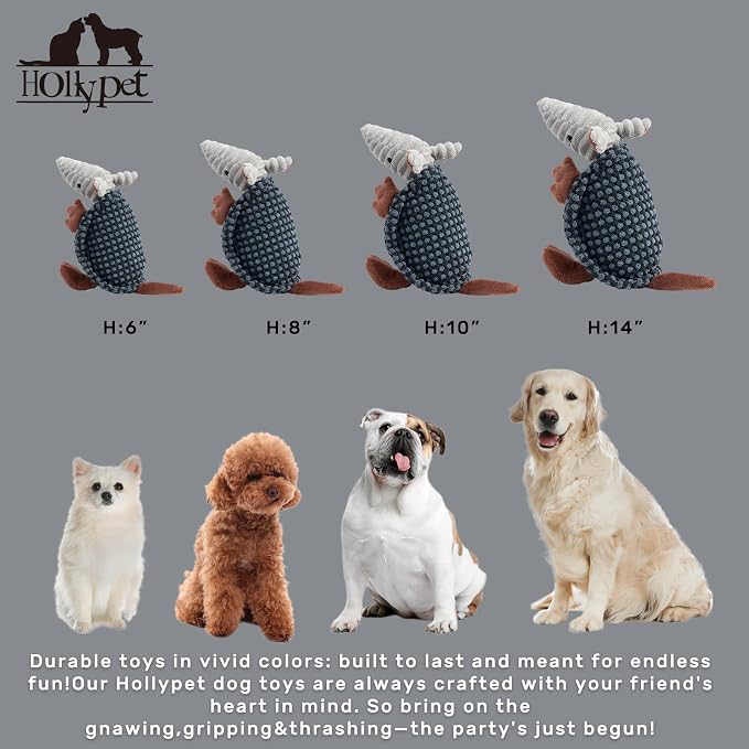 Hollypet Armadillo Squeaky Puppy Dog Toys for Small Medium Dogs, 8" | plush stuffed small dog squeak animal toy with unique grunt squeaker textured fabric for teeth cleaning toys