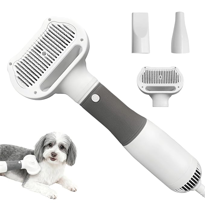 Dog Grooming Dryer with Slicker Brush, 3 in 1 Professional Portable Pet Dryer for Dogs Cats Adjustable Temperature Speed Settings, Pet Blow Brush for Home Travel Use (Gray)