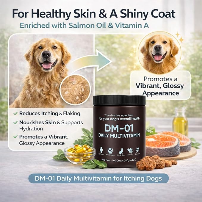 DM-01 Daily Multivitamin for Dogs, Dog Daily Multivitamin for Skin & Coat Health, Joint Support, Digestive Health, with Salmon Oil, Chondroitin, and Natural Vitamins, Beef Flavor, 60 Chews (1)