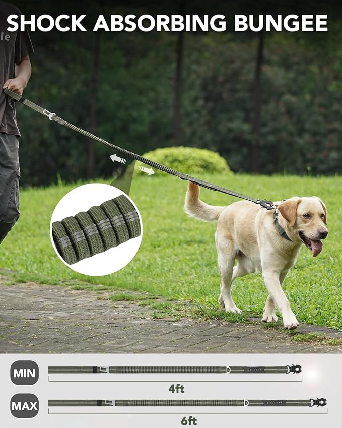 Joytale Tactical Dog Collar and Leash Set, Adjustable Strong Collar with Handle and Shock Absorbing Bungee Leash for Medium Dogs (ArmyGreen, M)