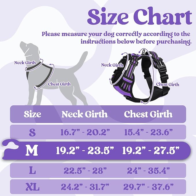 rabbitgoo Dog Harness Medium Sized, Updated Easy On & Off with 3 Buckles | No Pull No Choke, Walking with 2 Clips and Handle, Adjustable Soft Reflective, Purple, Medium