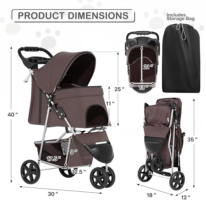 MoNiBloom Foldable Pet Stroller - Coffee, up to 33lbs