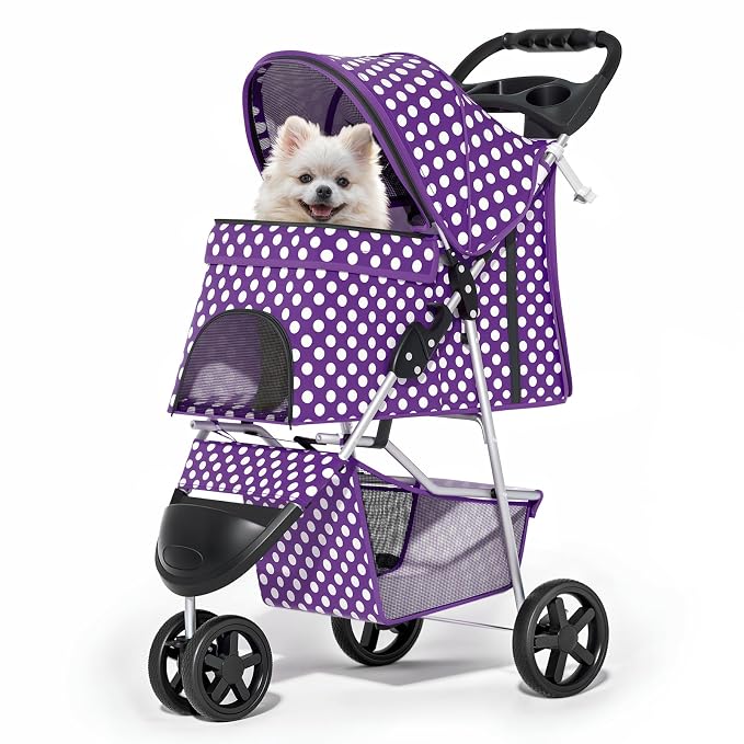 MoNiBloom Foldable Pet Stroller - Purple Polka Dots, 3 Wheels