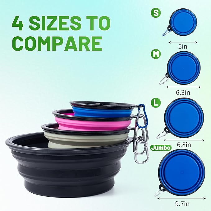 Dog Bowl Collapsible, 2 Pack, with Carabiners, Medium, Black+Black
