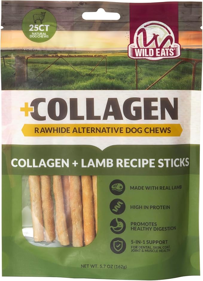 Wild Eats Lamb Collagen Sticks for Dogs (25 Pack, 0.6 cm Wide) Long Lasting Dog Chews No Hide Dog Treat Bully Stick Alternative, Rawhide Free, Grain Free, High Protein