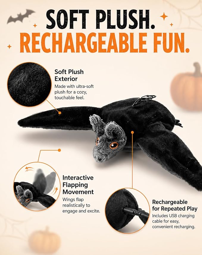 Halloween Interactive Flapping Bat Dog Toy, Motion Activated Rechargeable Plush Toy with Moving Wings for Bored Dogs, Puppies, Small & Medium Dogs (1PCS)