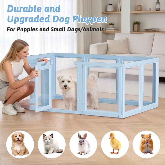 DIY Clear Acrylic Dog Playpen House,Quick Easy Assembly and Disassembly,Strong Floor Suction,Indoor and Outdoor Use,Easy Cleansing Puppy Fence (Sky Blue, 23.6" H, 10PCS)