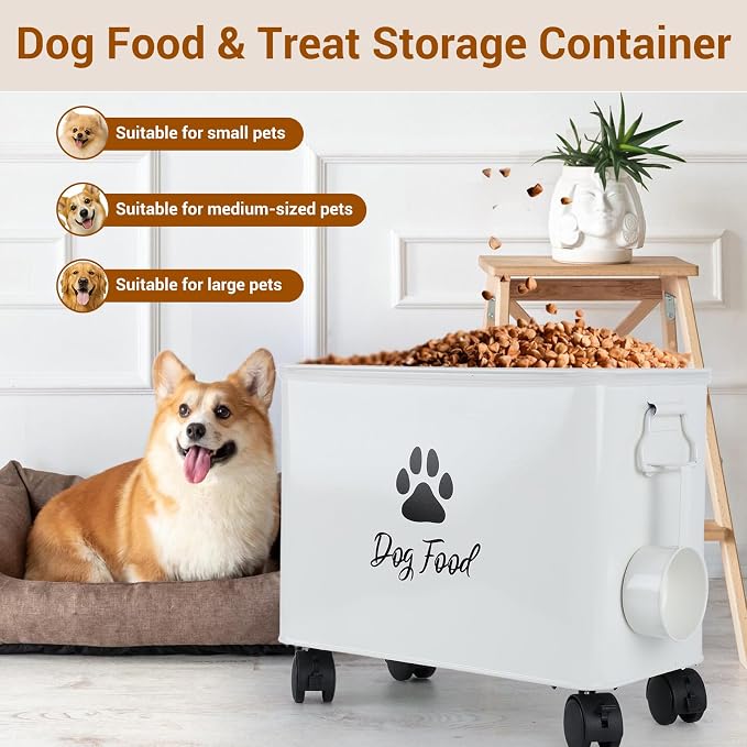 Dog Food Container 13lb, The storage container for small and medium-sized dog and cat food measures 13 inches (length) x 7.1 inches (width) x 11 inches (height), with enough space to hold 13 pounds of pet favorite dry food., 13lb, Metal, Black