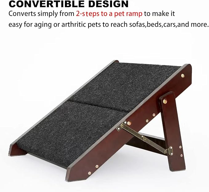 MEWANG Wooden Pet Stairs/Pet Steps - 2-in-1 Foldable Stairs & Ramp for Beds and Cars - Portable Dog/Cat Ladder Up to 220 Pounds - Great for Small and Older Animals(Brown) (17.3" L x 17.24" W x 13" H)