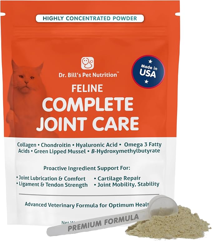 Dr. Bill’s Feline Complete Joint Care | Advanced Hip & Joint Supplement for Cats | Green Lipped Mussel Extract, Collagen Type II, Chondroitin, Hyaluronic Acid, Omega 3 and Colostrum | Powder, 85g