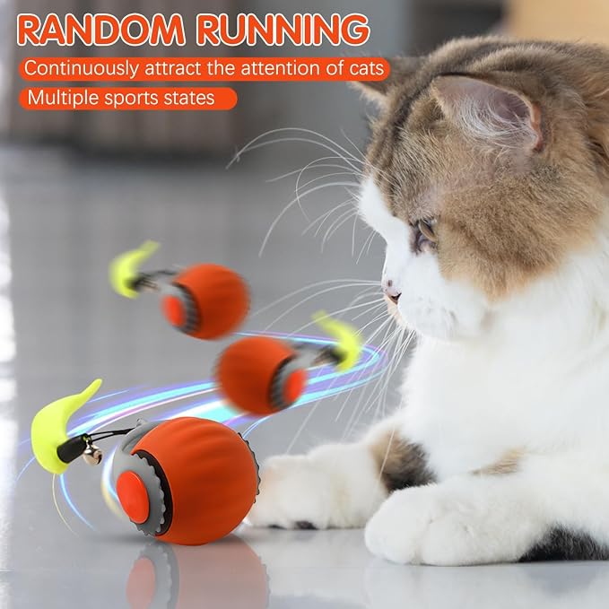 Interactive Cat Ball Speedy Tail 3.0 Pet Toy Rolling Ball, Interactive Toys for Indoor Cats, 360° Smart Automatic Dog Kitten Toy Turbo Tail Electronic Bouncing Balls Extra Tails (Red)