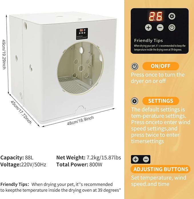 Automatic Pet Dryer Box for Cats and Small Dogs, 88L/79.9Qt Foldable Cat Hair Dryer Box with Button Control, Professional Ultra Quiet Cat Dryer Box for Dog Grooming