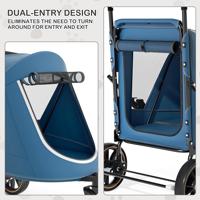 MoNiBloom Pet Stroller for Large Dogs or Dogs Cats up to 55 lbs, Navy Blue | with Adjustable Handle, 3-Wheels Dual Entry Portable Dog Carting Easy Folding Pet Wagon Double Multiple Dog Stroller