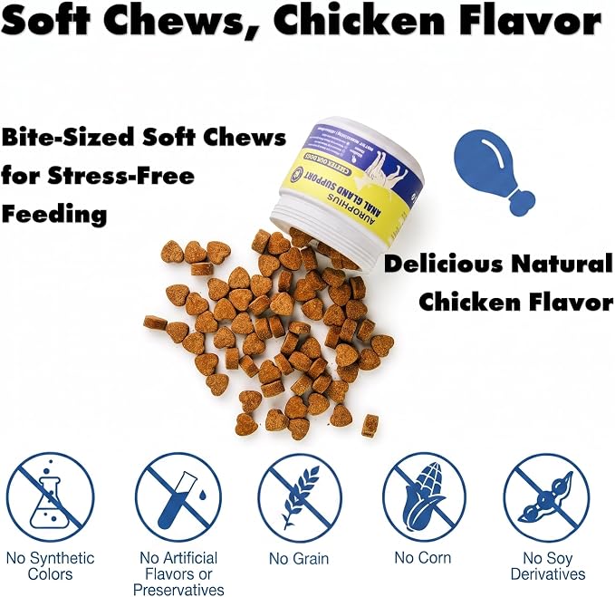 Anal Gland Support Soft Chews for Dogs, Natural Fiber Supplement with Pumpkin, Psyllium Husk, Probiotics & Enzymes, Reduces Scooting, Supports Gut, Digestive & Bowel Health, 120 Ct